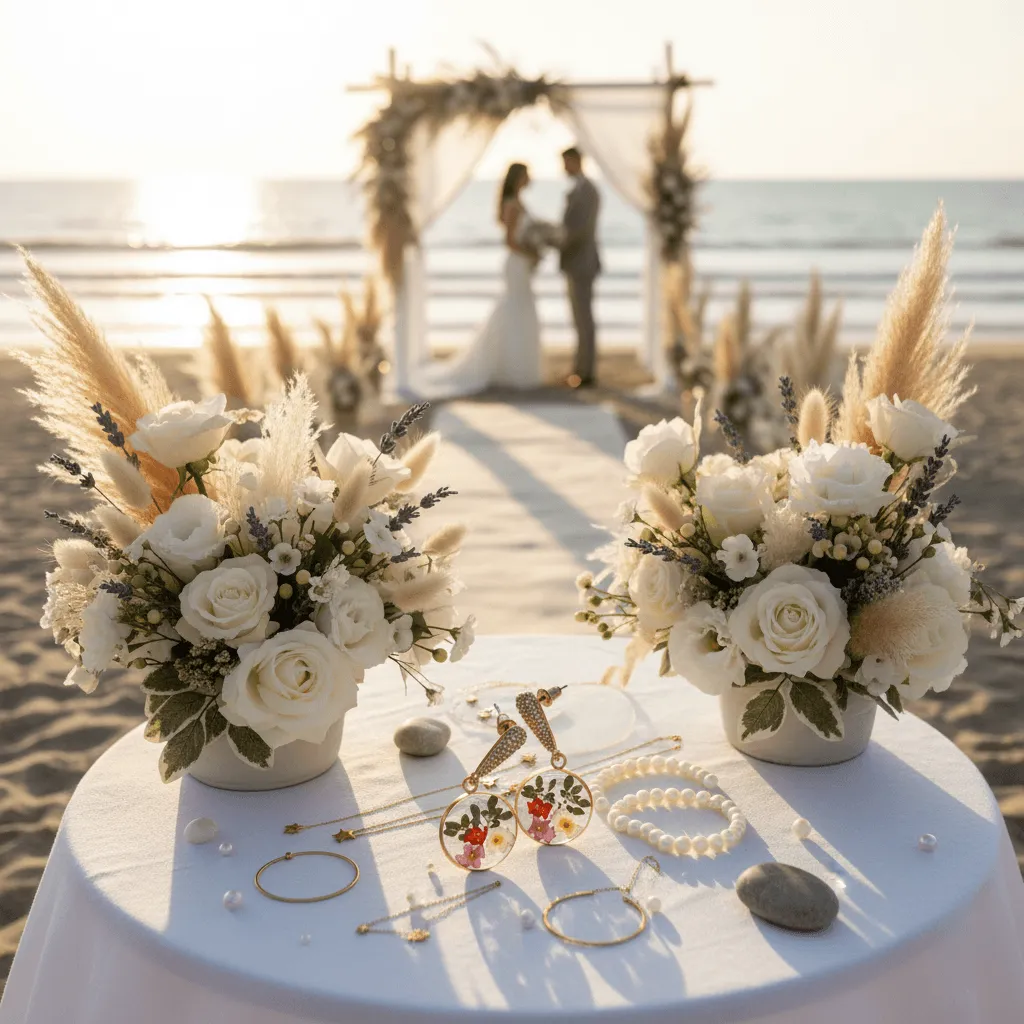 A beautiful beach wedding scene with soft, neutral colors and floral decorations.