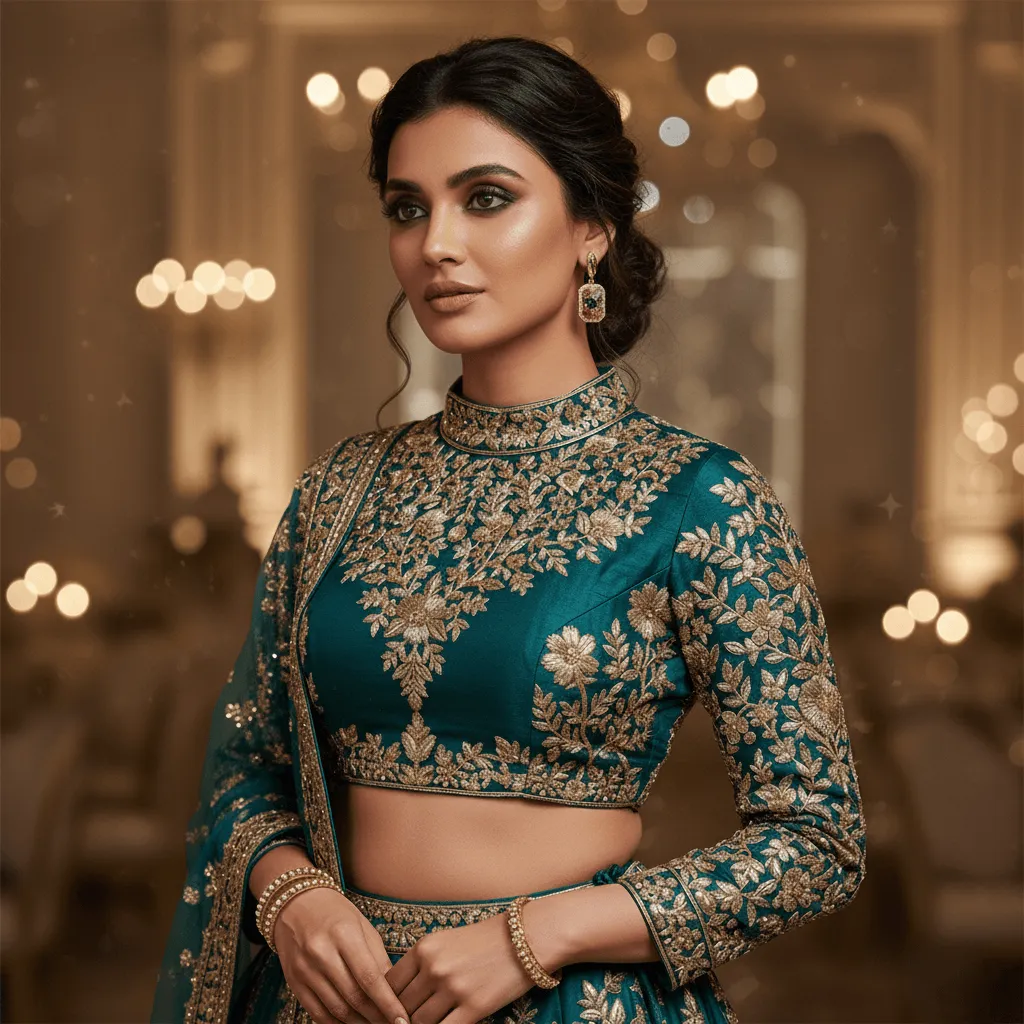 A model wearing vibrant statement earrings with a traditional lehenga.