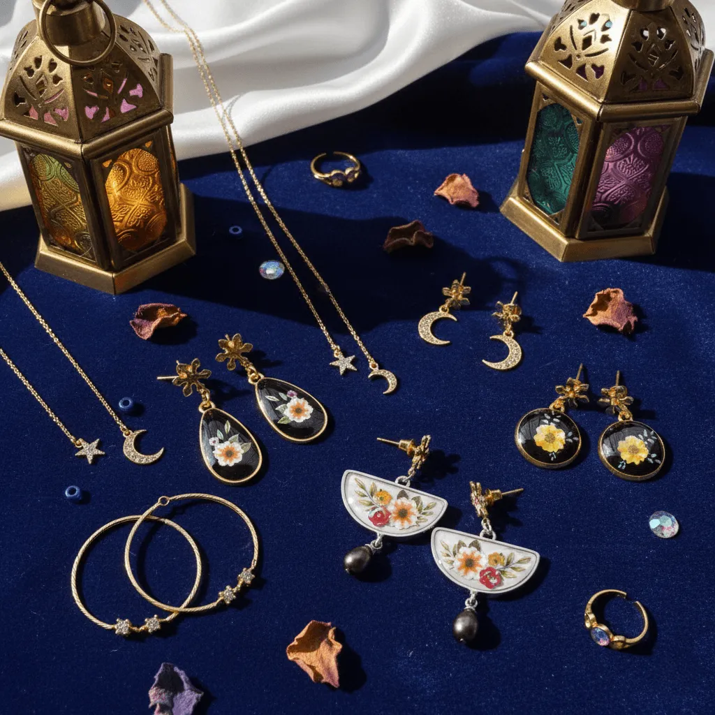 Elegant celestial themed jewelry arranged with soft lighting and traditional Ramadan lanterns.