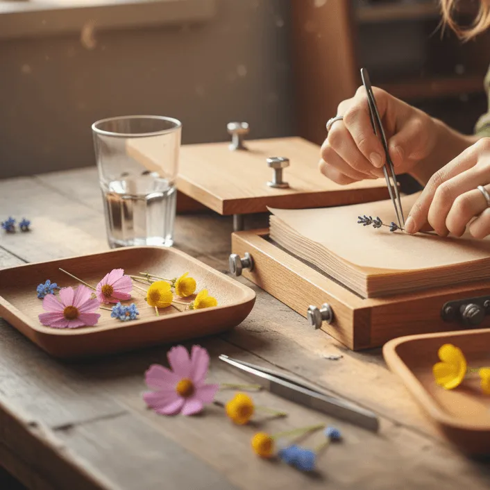 Flowers being carefully placed inside a flower press