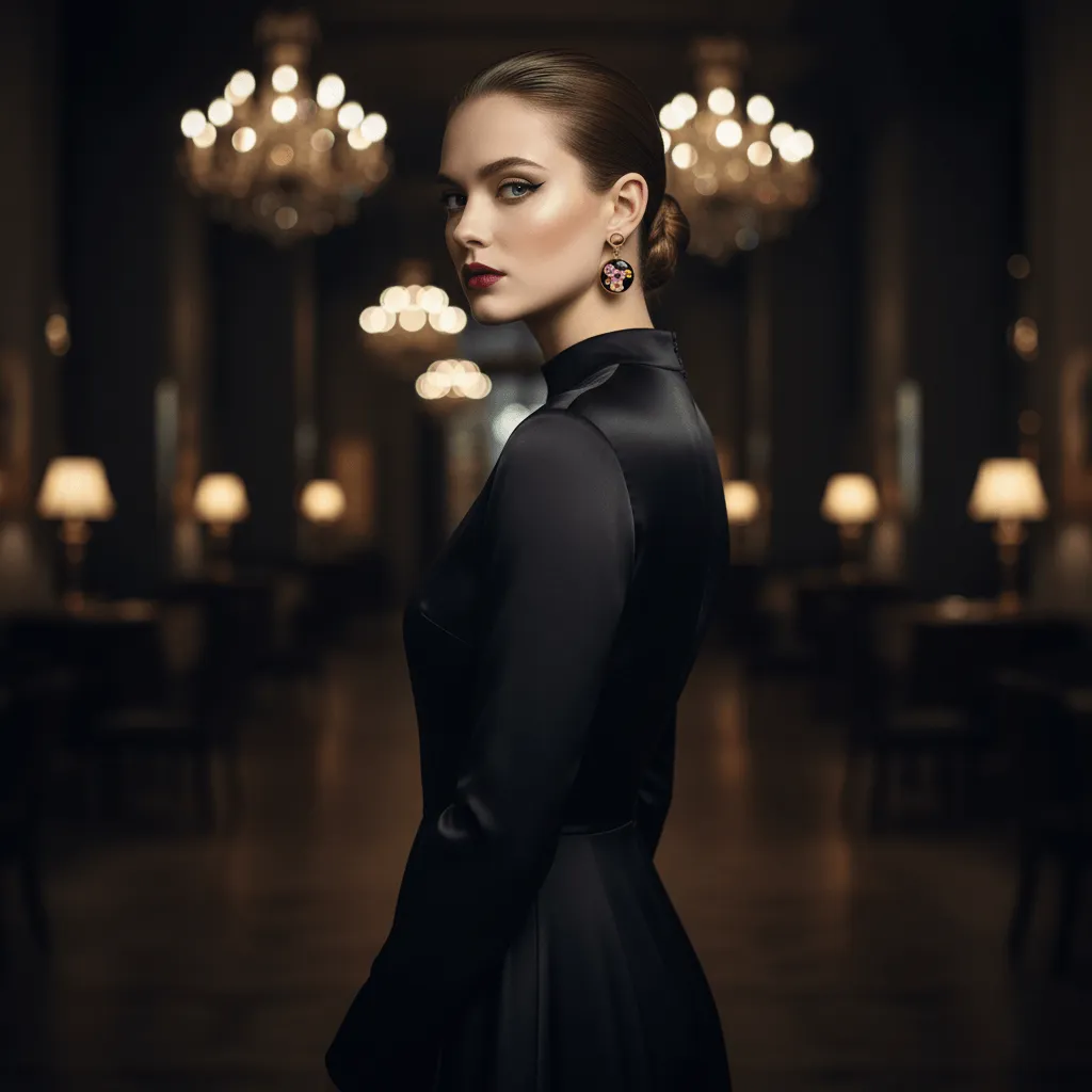 Model wearing The Eclipsia earrings with an elegant black dress