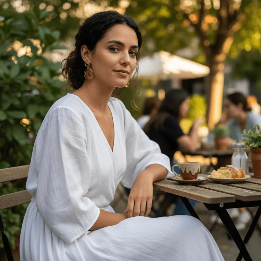 Model wearing The Kepala earrings with a white linen dress at an outdoor cafe