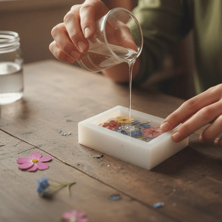 Resin being carefully poured into a mold containing flowers